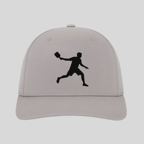Gray cap with a black silhouette of a person playing badminton on a light gray background